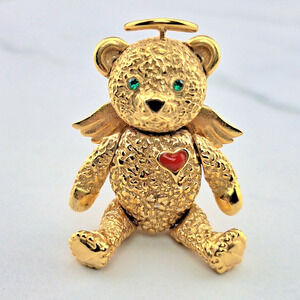 Vintage Batya Angel Heart Teddy Bear Articulated Pendant Brooch Pin Green Eyes